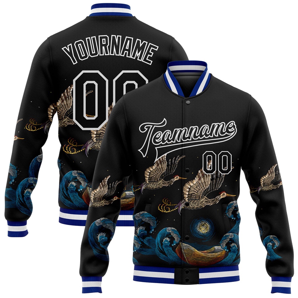 Custom Black Royal White Heron And Wave 3D Pattern Design Bomber Full Snap Baseball Jacket, Custom Team Jacket