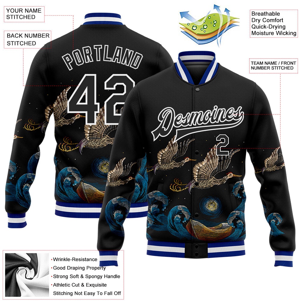 Custom Black Royal White Heron And Wave 3D Pattern Design Bomber Full Snap Baseball Jacket, Custom Team Jacket