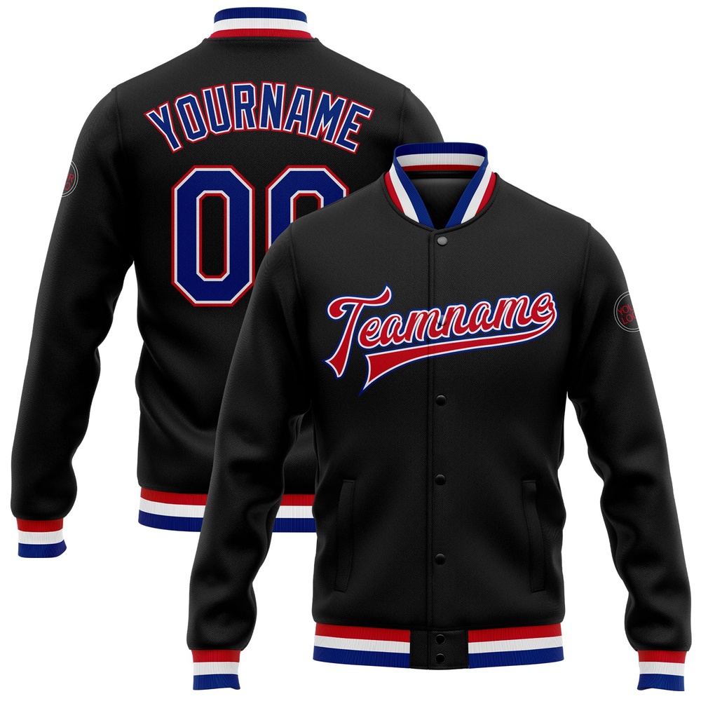 Custom Black Royal White Red Bomber Full Snap Baseball Jacket, Custom Team Jacket Custom Black Royal White Red Bomber Full Snap Baseball Jacket, Custom Team Jacket