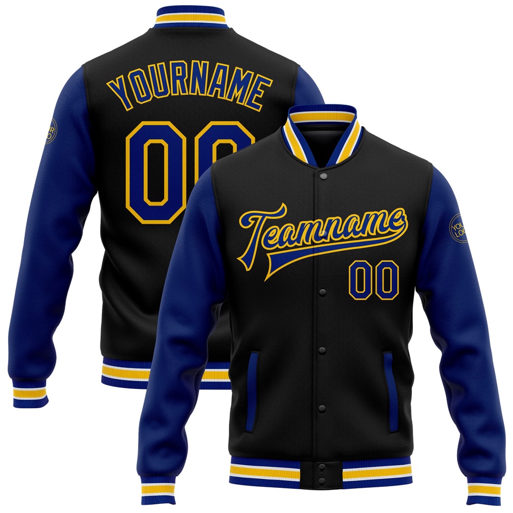 Custom Black Royal Yellow Bomber Full Snap Varsity Baseball Jacket, Custom Team Jacket Custom Black Royal Yellow Bomber Full Snap Varsity Baseball Jacket, Custom Team Jacket