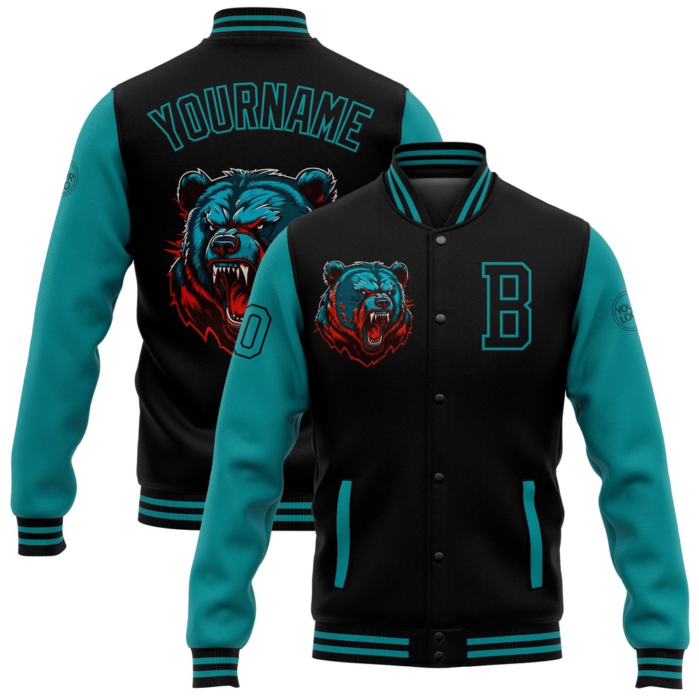 Custom Black Teal 3D Pattern Design Bomber Full Snap Baseball Jacket, Custom Team Jacket
