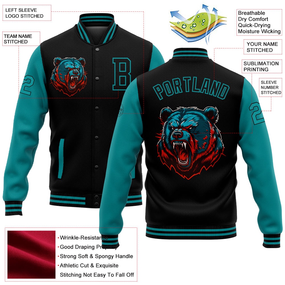 Custom Black Teal 3D Pattern Design Bomber Full Snap Baseball Jacket, Custom Team Jacket