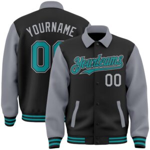 Custom Black Teal Gray Bomber Full Snap…