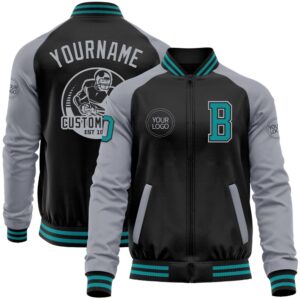 Custom Black Teal Gray Bomber Varsity Baseball…