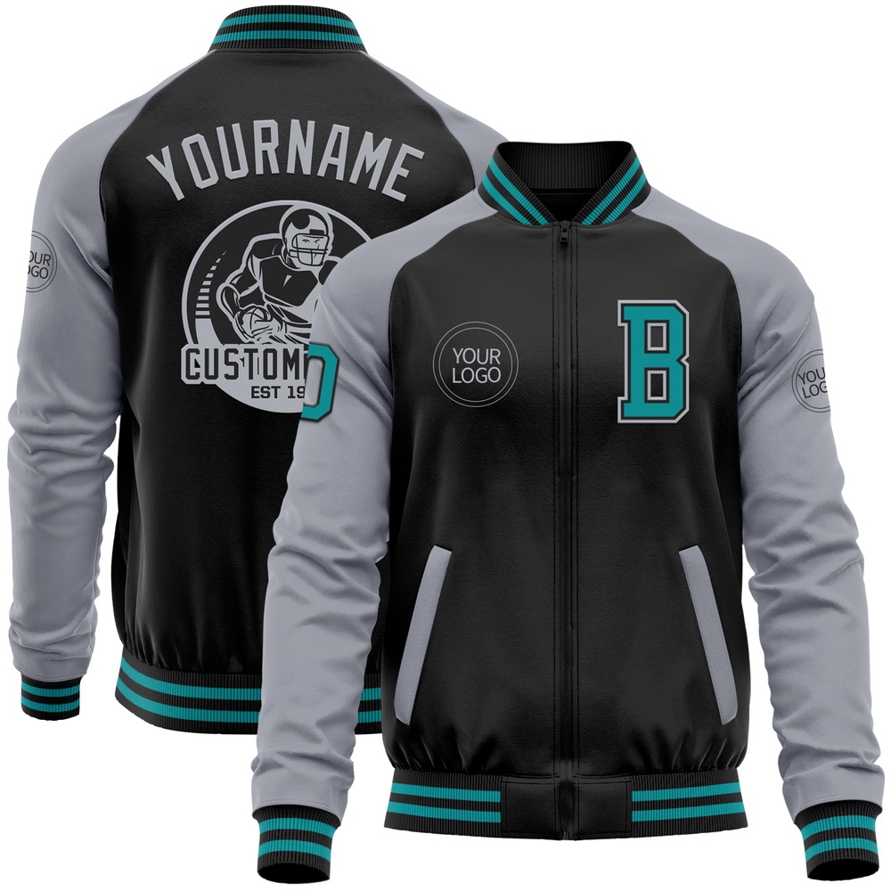 Custom Black Teal Gray Bomber Varsity Baseball Jacket, Custom Team Jacket Custom Black Teal Gray Bomber Varsity Baseball Jacket, Custom Team Jacket