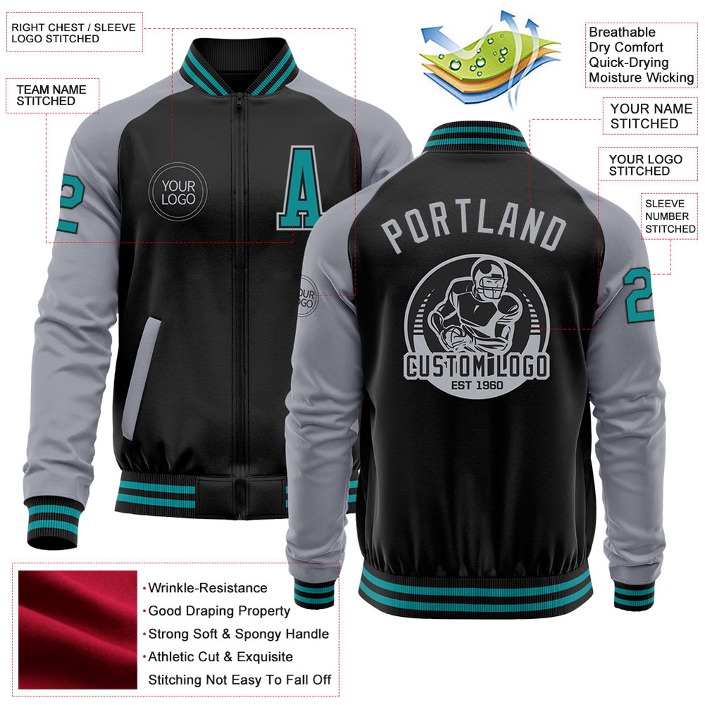 Custom Black Teal Gray Bomber Varsity Baseball Jacket, Custom Team Jacket Custom Black Teal Gray Bomber Varsity Baseball Jacket, Custom Team Jacket