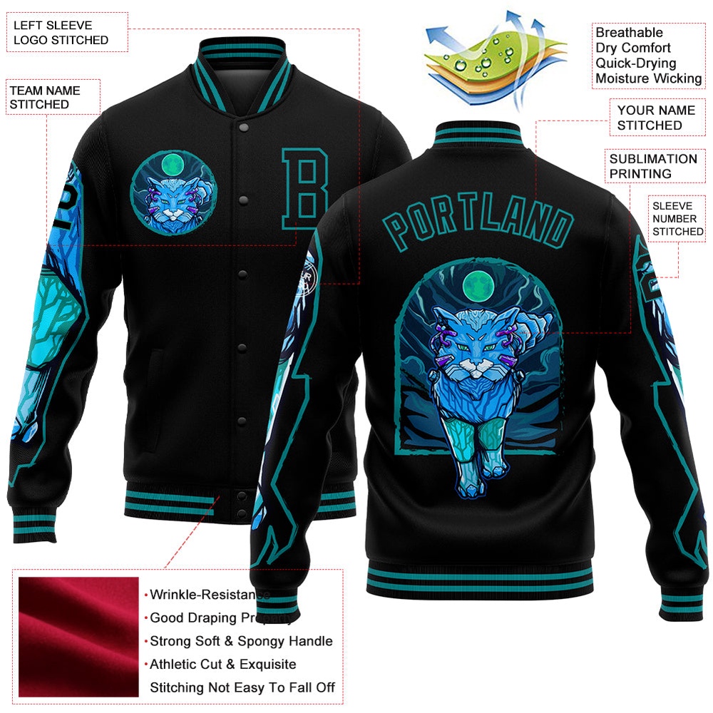 Custom Black Teal Leopard 3D Pattern Design Bomber Full Snap Baseball Jacket, Custom Team Jacket