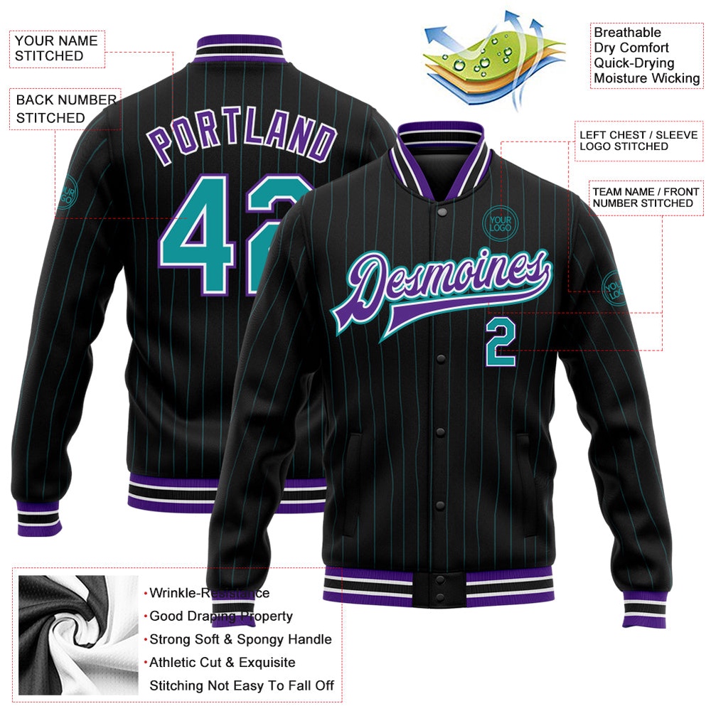 Custom Black Teal Pinstripe Purple Bomber Full Snap Baseball Jacket, Custom Team Jacket