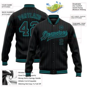 Custom Black Teal Pinstripe Teal Bomber Full Snap Baseball Jacket Custom Team Jacket 2 a4lzkd.jpg