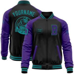 Custom Black Teal Purple Bomber Varsity Baseball…