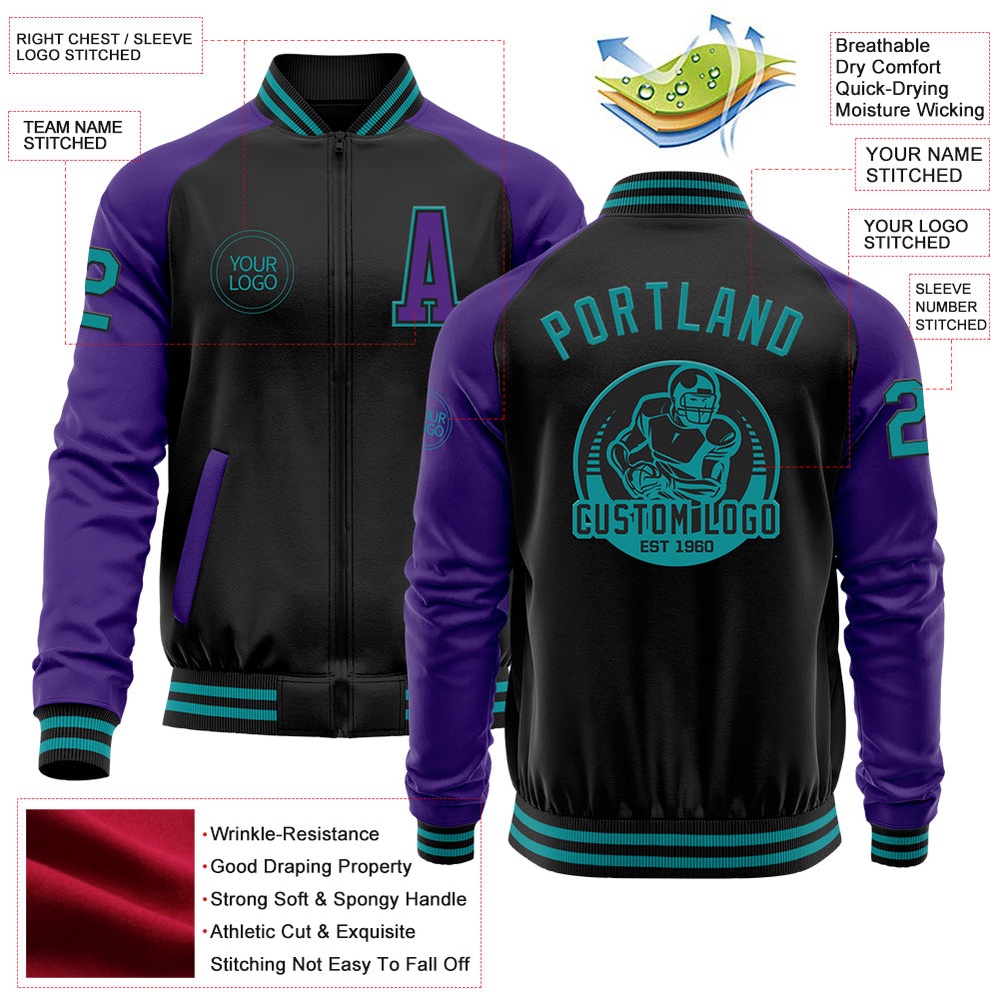 Custom Black Teal Purple Bomber Varsity Baseball Jacket, Custom Team Jacket Custom Black Teal Purple Bomber Varsity Baseball Jacket, Custom Team Jacket