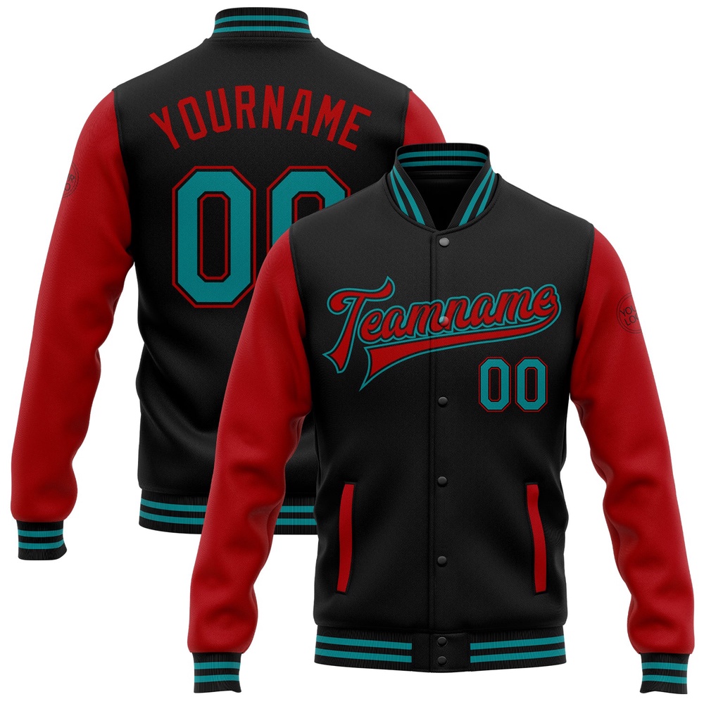 Custom Black Teal Red Bomber Full Snap Varsity Baseball Jacket, Custom Team Jacket