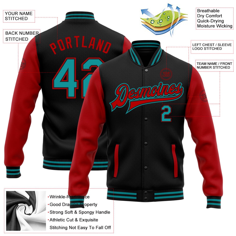 Custom Black Teal Red Bomber Full Snap Varsity Baseball Jacket, Custom Team Jacket