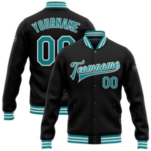 Custom Black Teal White Bomber Full Snap…