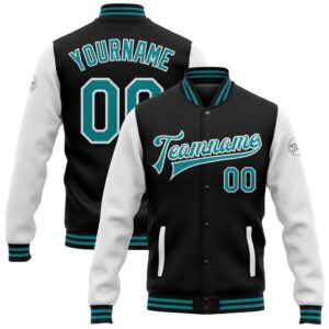 Custom Black Teal White Bomber Full Snap…