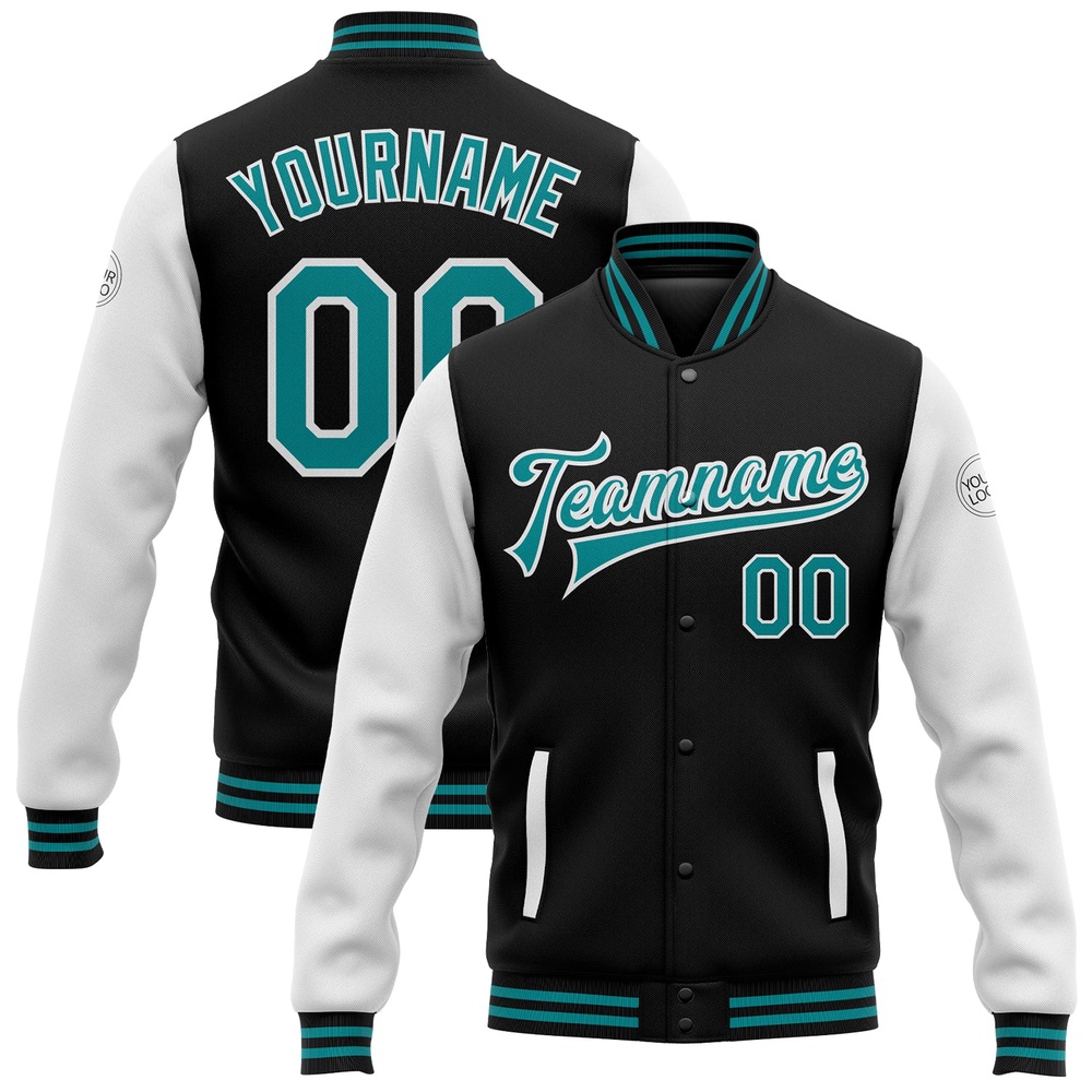 Custom Black Teal White Bomber Full Snap Varsity Baseball Jacket, Custom Team Jacket Custom Black Teal White Bomber Full Snap Varsity Baseball Jacket, Custom Team Jacket