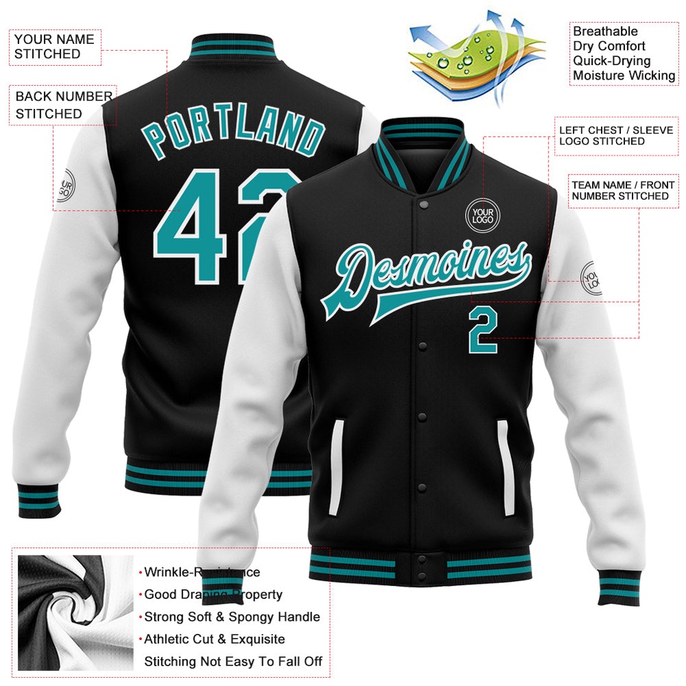 Custom Black Teal White Bomber Full Snap Varsity Baseball Jacket, Custom Team Jacket Custom Black Teal White Bomber Full Snap Varsity Baseball Jacket, Custom Team Jacket