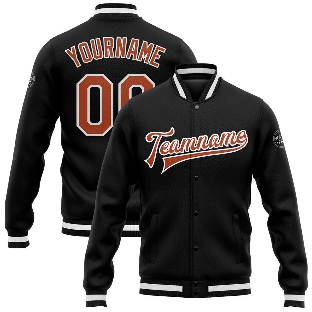 Custom Black Texas Orange White Bomber Full Snap Baseball Jacket, Custom Team Jacket Custom Black Texas Orange White Bomber Full Snap Baseball Jacket, Custom Team Jacket