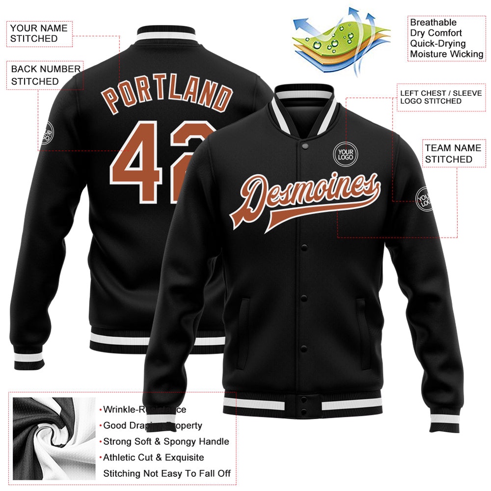 Custom Black Texas Orange White Bomber Full Snap Baseball Jacket, Custom Team Jacket Custom Black Texas Orange White Bomber Full Snap Baseball Jacket, Custom Team Jacket