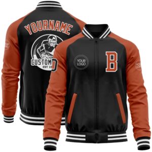 Custom Black Texas Orange White Bomber Varsity…