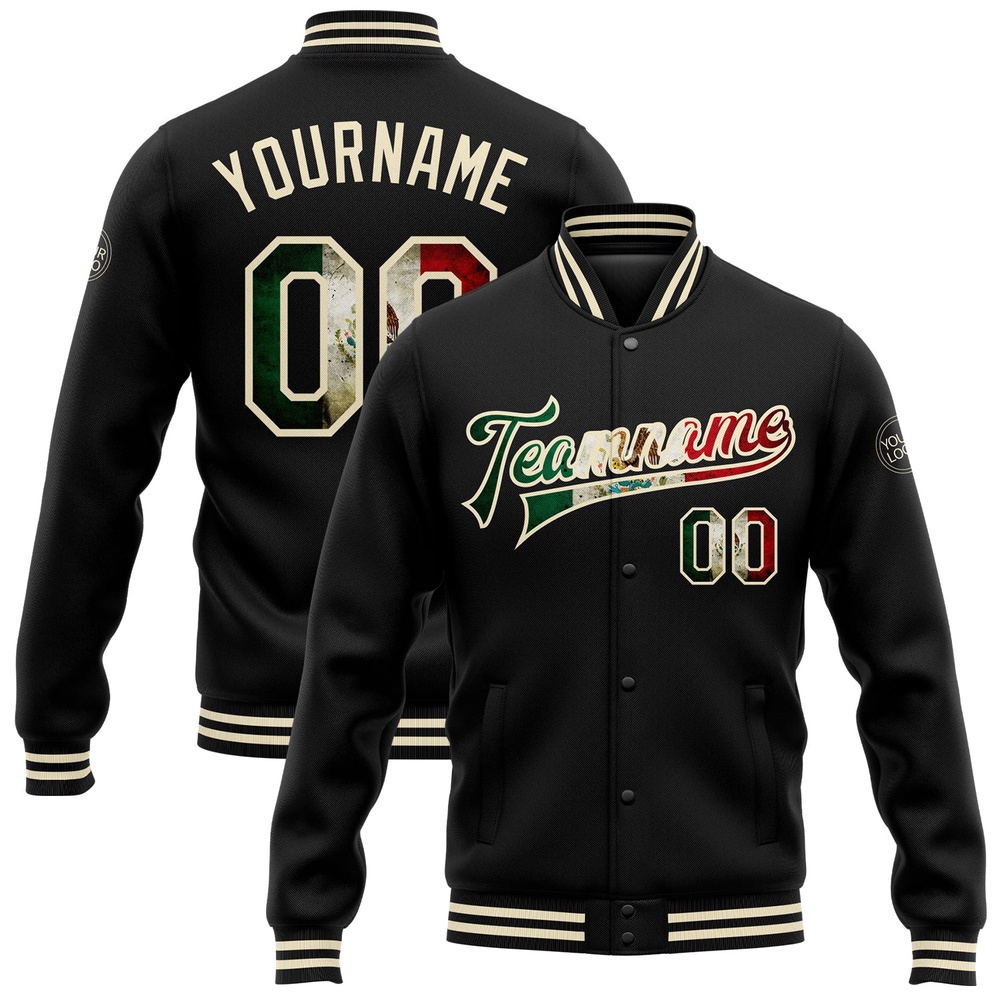 Custom Black Vintage Mexican Flag Cream Bomber Full Snap Baseball Jacket, Custom Team Jacket Custom Black Vintage Mexican Flag Cream Bomber Full Snap Baseball Jacket, Custom Team Jacket