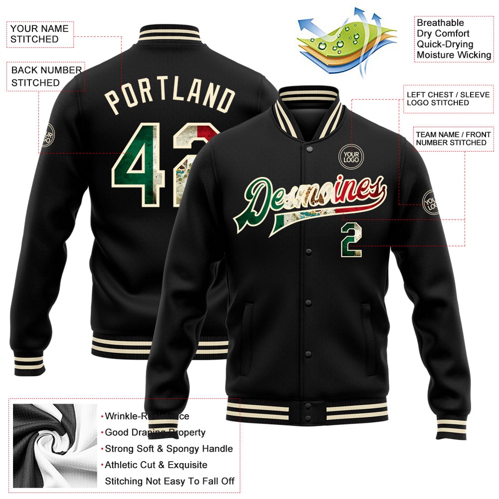 Custom Black Vintage Mexican Flag Cream Bomber Full Snap Baseball Jacket, Custom Team Jacket Custom Black Vintage Mexican Flag Cream Bomber Full Snap Baseball Jacket, Custom Team Jacket