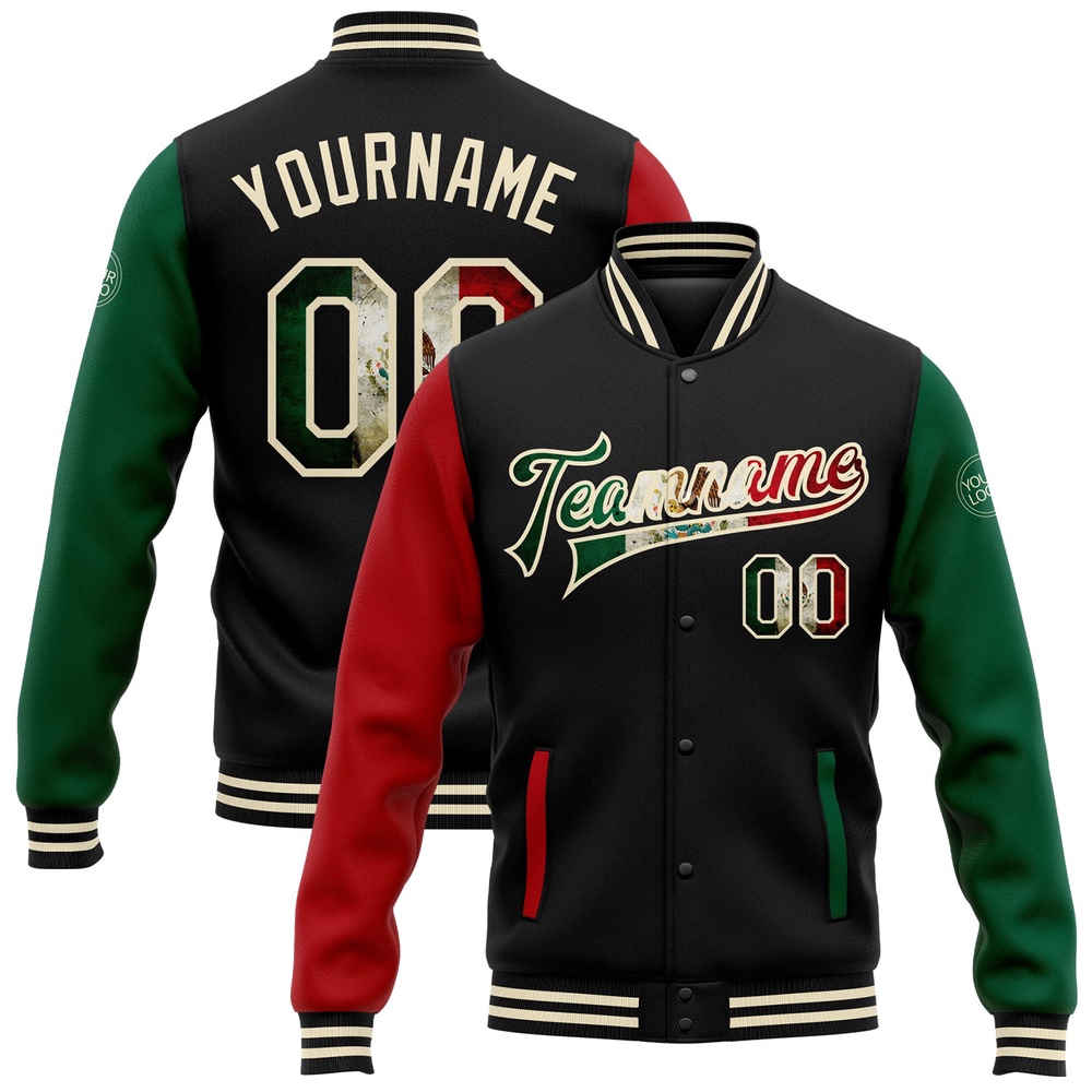 Custom Black Vintage Mexican Flag Cream Kelly Green Red Bomber Full Snap Varsity Baseball Jacket, Custom Team Jacket Custom Black Vintage Mexican Flag Cream Kelly Green Red Bomber Full Snap Varsity Baseball Jacket, Custom Team Jacket