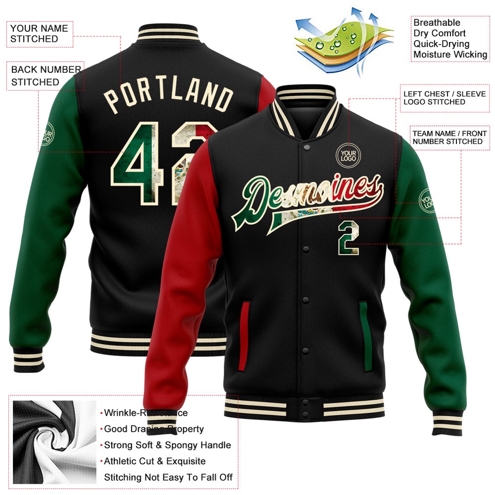 Custom Black Vintage Mexican Flag Cream Kelly Green Red Bomber Full Snap Varsity Baseball Jacket, Custom Team Jacket Custom Black Vintage Mexican Flag Cream Kelly Green Red Bomber Full Snap Varsity Baseball Jacket, Custom Team Jacket