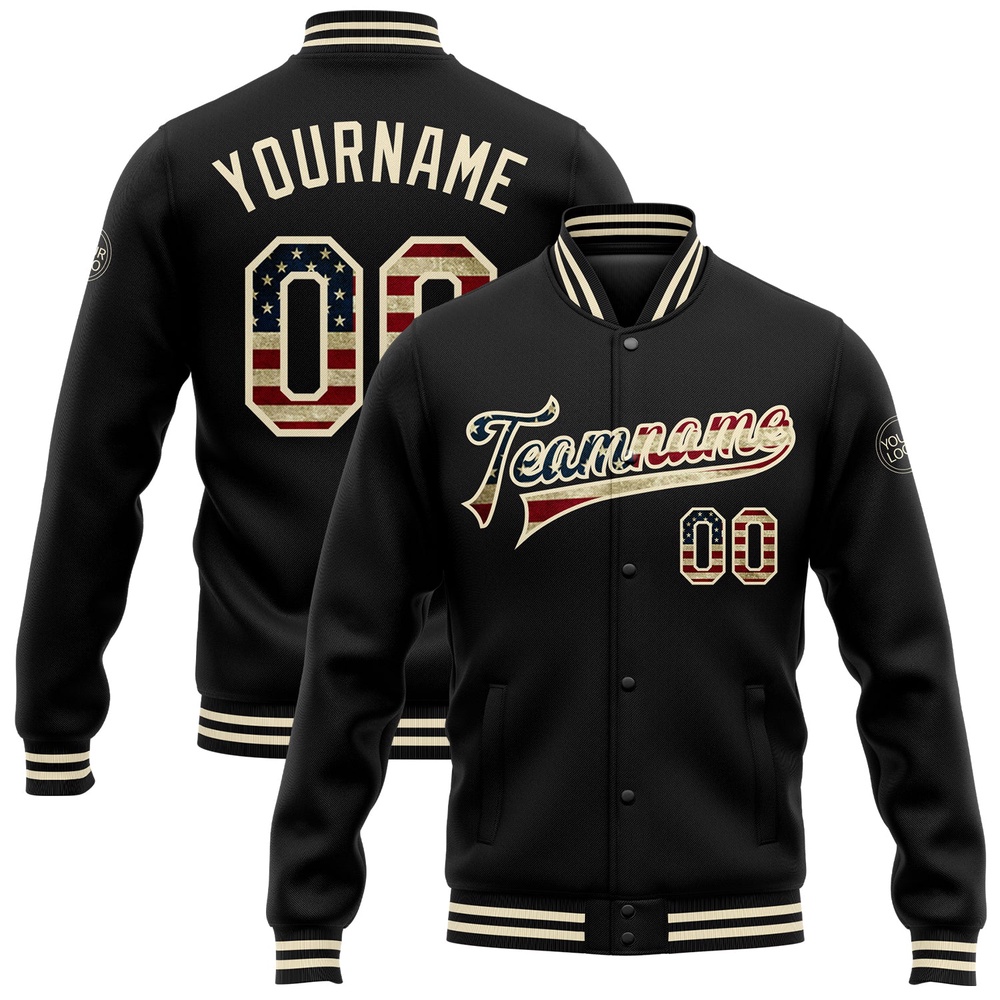 Custom Black Vintage USA Flag Cream Bomber Full Snap Baseball Jacket, Custom Team Jacket