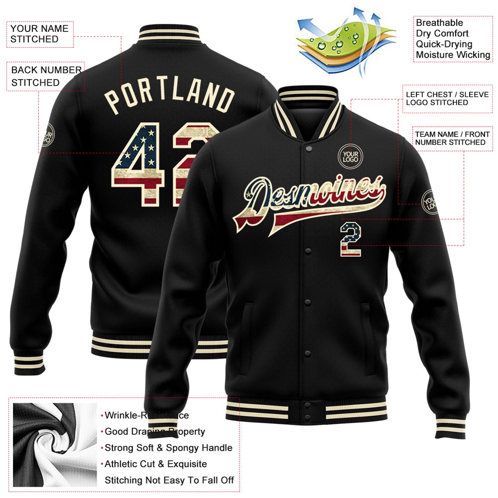 Custom Black Vintage USA Flag Cream Bomber Full Snap Baseball Jacket, Custom Team Jacket