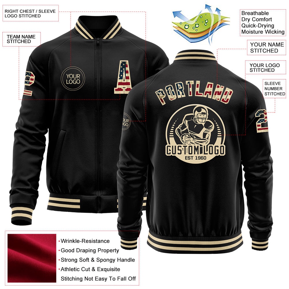 Custom Black Vintage USA Flag Cream Bomber Varsity Baseball Jacket, Custom Team Jacket
