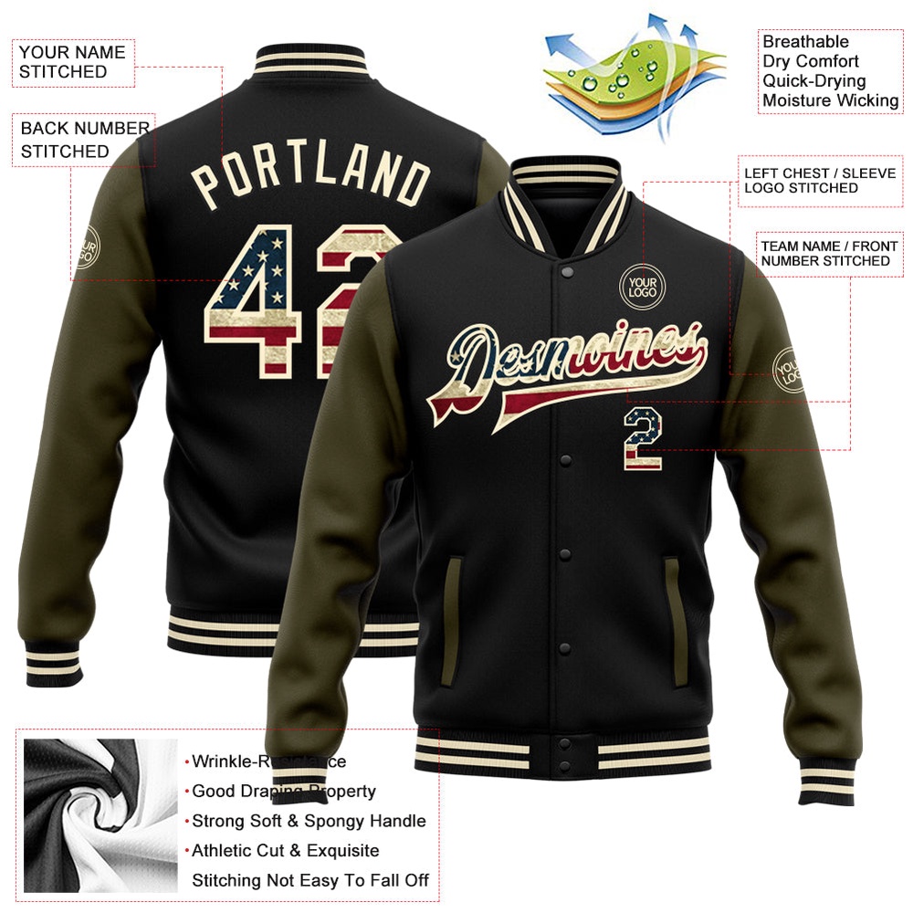 Custom Black Vintage USA Flag Cream Olive Bomber Full Snap Varsity Baseball Jacket, Custom Team Jacket Custom Black Vintage USA Flag Cream Olive Bomber Full Snap Varsity Baseball Jacket, Custom Team Jacket