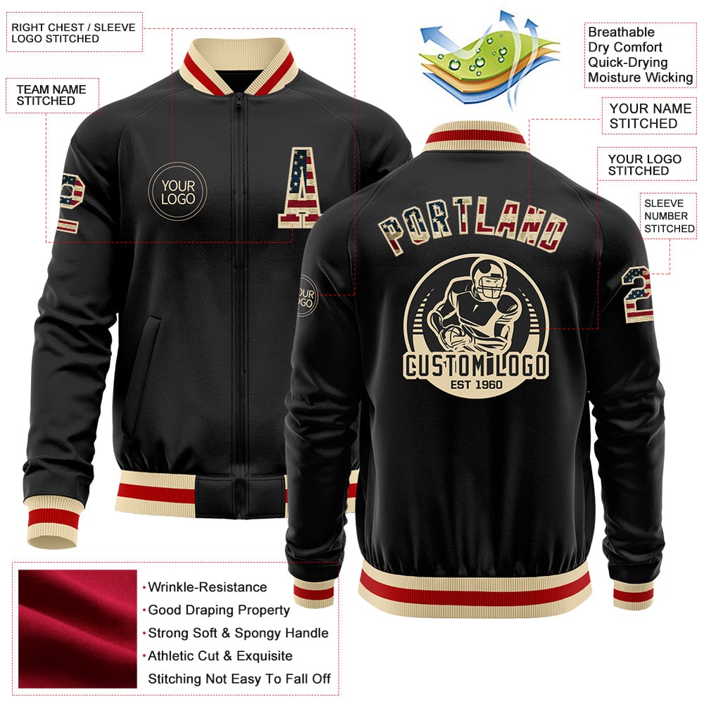 Custom Black Vintage USA Flag Cream Red Bomber Varsity Baseball Jacket, Custom Team Jacket Custom Black Vintage USA Flag Cream Red Bomber Varsity Baseball Jacket, Custom Team Jacket