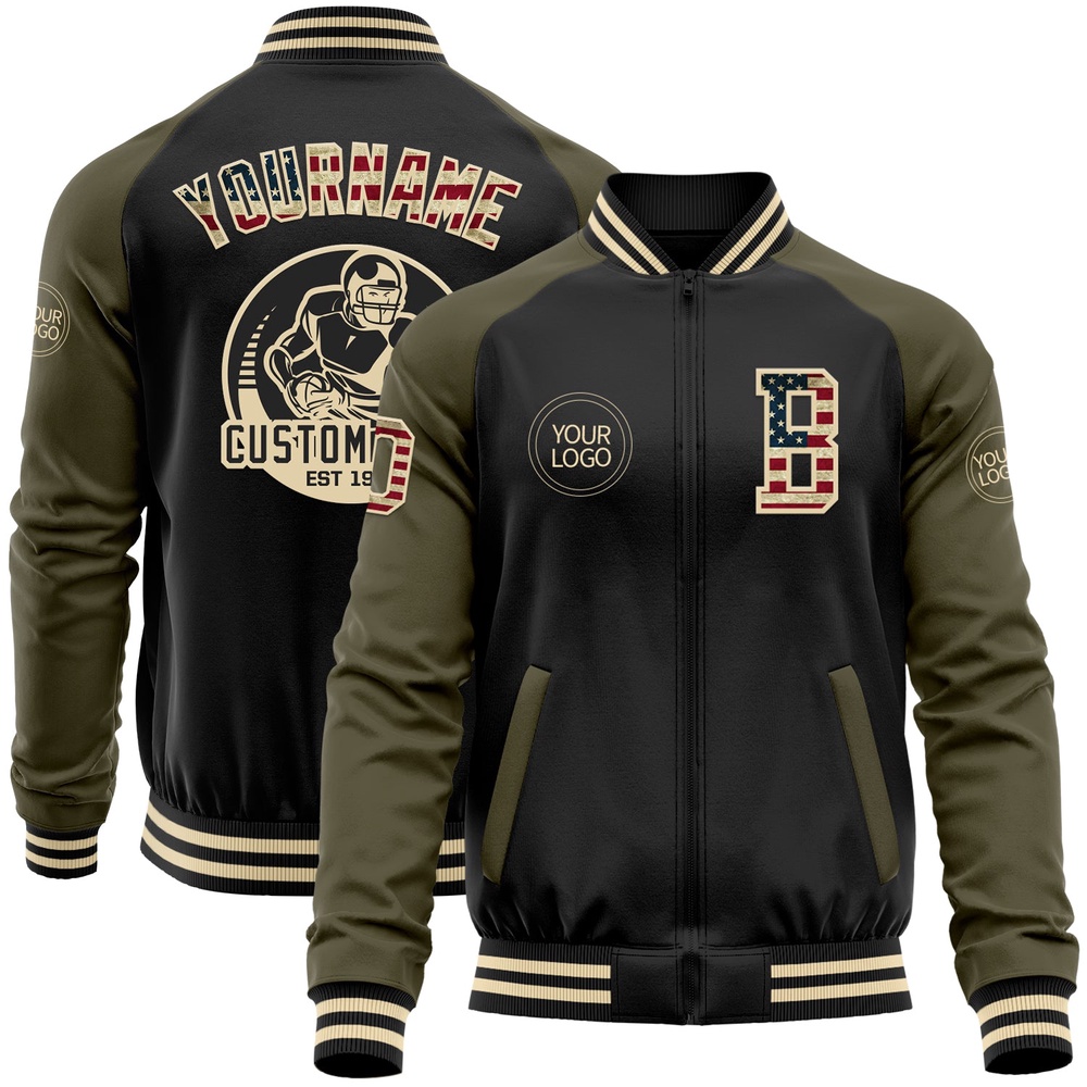 Custom Black Vintage USA Flag Olive Cream Bomber Varsity Baseball Jacket, Custom Team Jacket Custom Black Vintage USA Flag Olive Cream Bomber Varsity Baseball Jacket, Custom Team Jacket