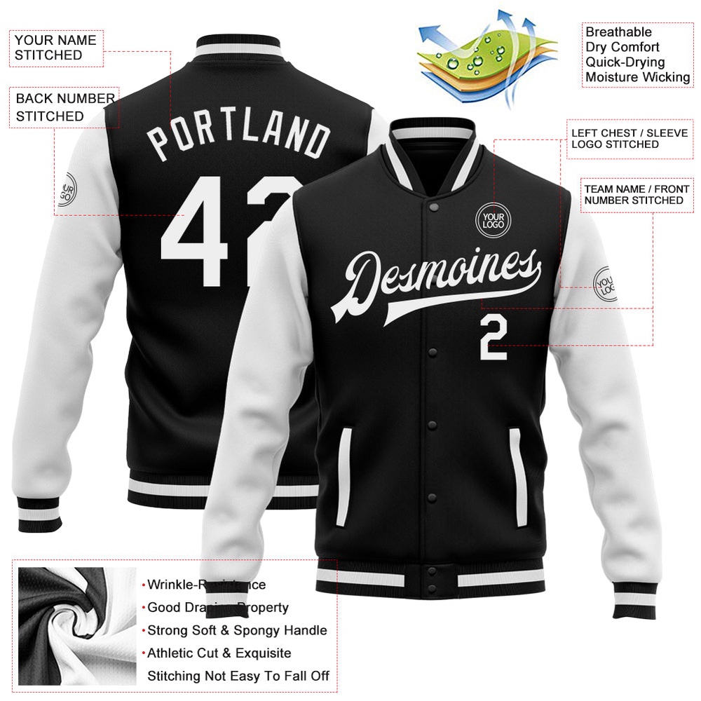 Custom Black White Bomber Full Snap Varsity Baseball Jacket, Custom Team Jacket Custom Black White Bomber Full Snap Varsity Baseball Jacket, Custom Team Jacket