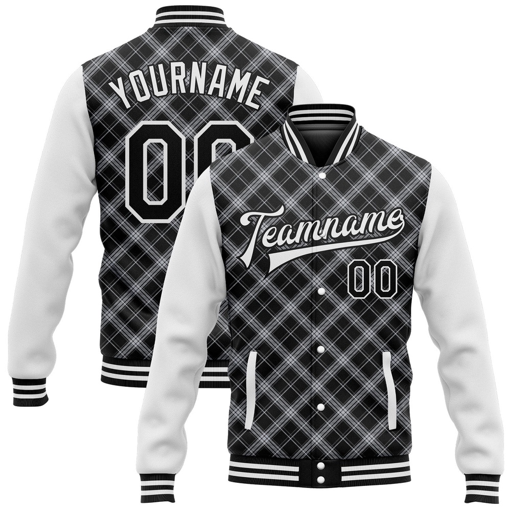 Custom Black White Check Board 3D Pattern Design Bomber Full Snap Baseball Jacket, Custom Team Jacket Custom Black White Check Board 3D Pattern Design Bomber Full Snap Baseball Jacket, Custom Team Jacket