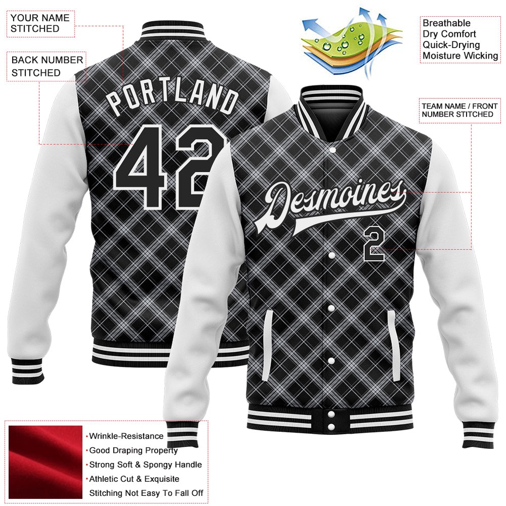 Custom Black White Check Board 3D Pattern Design Bomber Full Snap Baseball Jacket, Custom Team Jacket Custom Black White Check Board 3D Pattern Design Bomber Full Snap Baseball Jacket, Custom Team Jacket