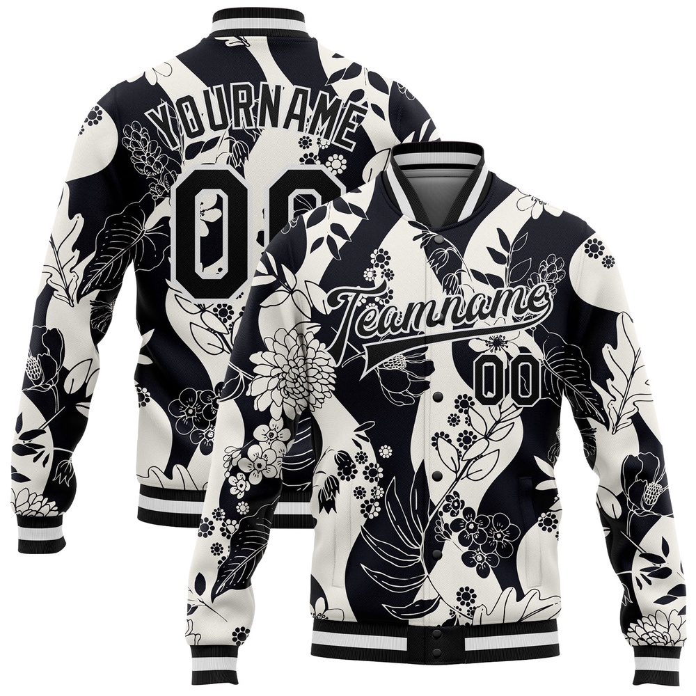 Custom Black White Floral Wave 3D Pattern Design Bomber Full Snap Baseball Jacket, Custom Team Jacket Custom Black White Floral Wave 3D Pattern Design Bomber Full Snap Baseball Jacket, Custom Team Jacket