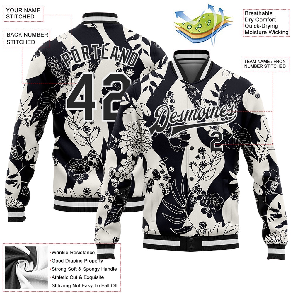 Custom Black White Floral Wave 3D Pattern Design Bomber Full Snap Baseball Jacket, Custom Team Jacket Custom Black White Floral Wave 3D Pattern Design Bomber Full Snap Baseball Jacket, Custom Team Jacket