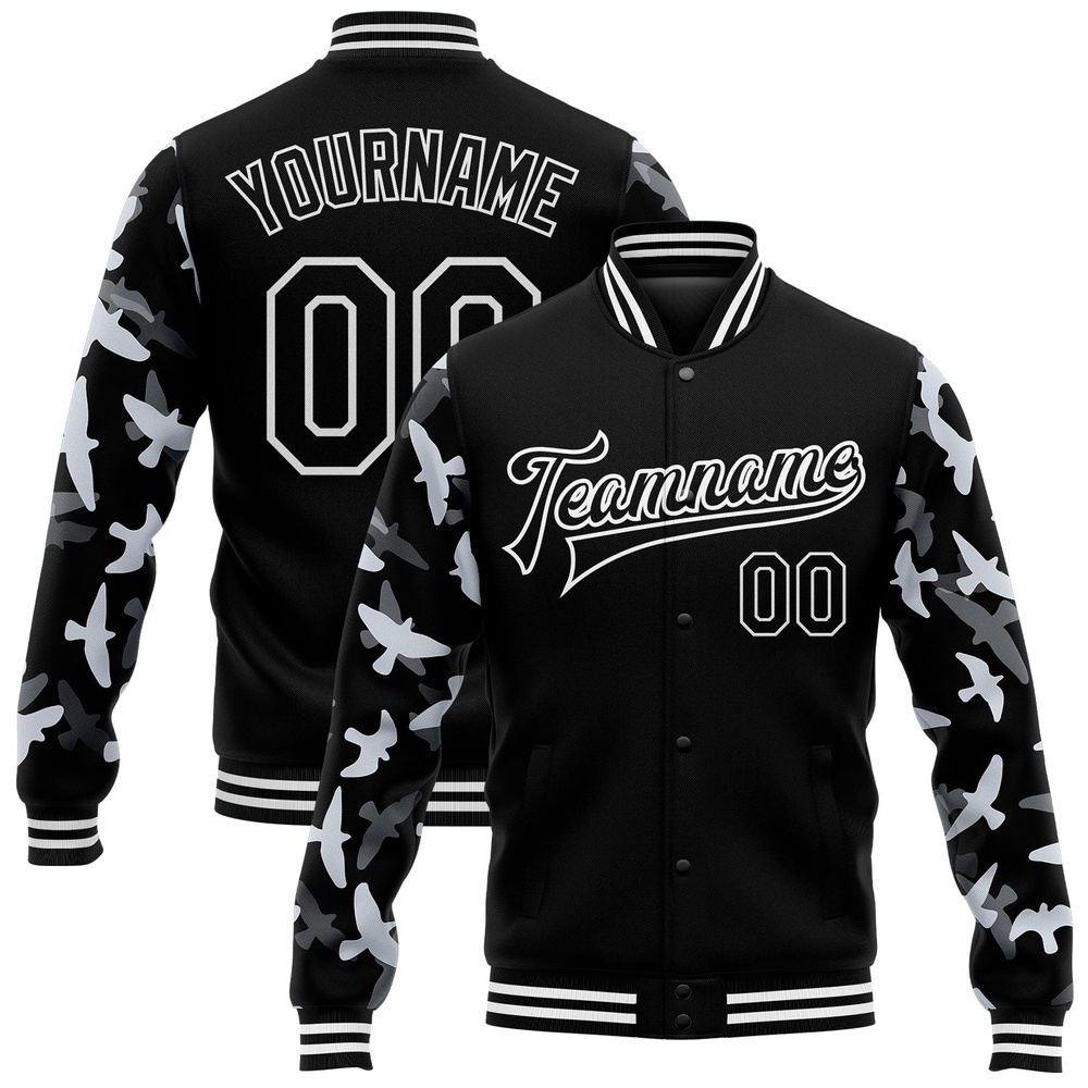 Custom Black White Flying Bird Sleeves 3D Pattern Design Bomber Full Snap Baseball Jacket, Custom Team Jacket Custom Black White Flying Bird Sleeves 3D Pattern Design Bomber Full Snap Baseball Jacket, Custom Team Jacket