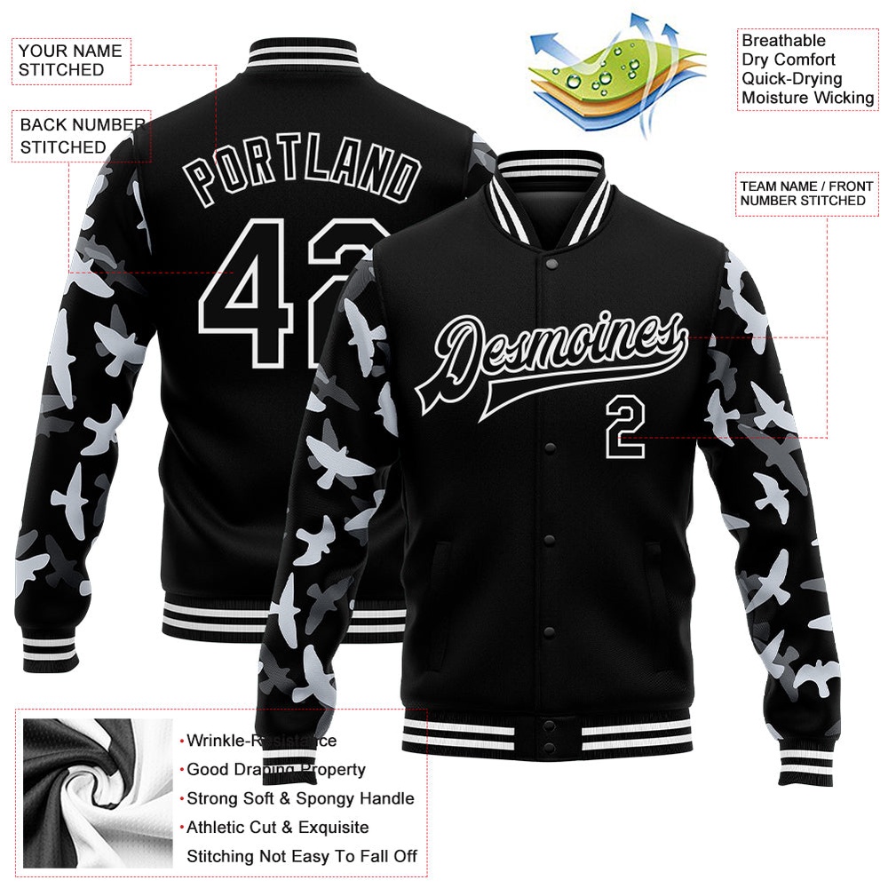Custom Black White Flying Bird Sleeves 3D Pattern Design Bomber Full Snap Baseball Jacket, Custom Team Jacket Custom Black White Flying Bird Sleeves 3D Pattern Design Bomber Full Snap Baseball Jacket, Custom Team Jacket