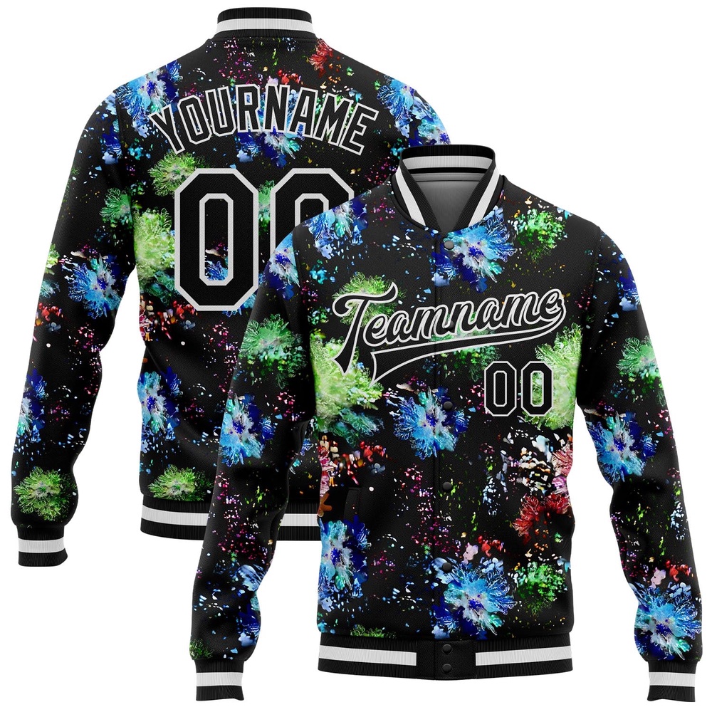 Custom Black White Glitter Bloom 3D Pattern Design Bomber Full Snap Baseball Jacket, Custom Team Jacket Custom Black White Glitter Bloom 3D Pattern Design Bomber Full Snap Baseball Jacket, Custom Team Jacket