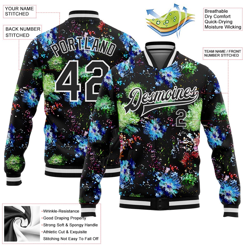 Custom Black White Glitter Bloom 3D Pattern Design Bomber Full Snap Baseball Jacket, Custom Team Jacket Custom Black White Glitter Bloom 3D Pattern Design Bomber Full Snap Baseball Jacket, Custom Team Jacket