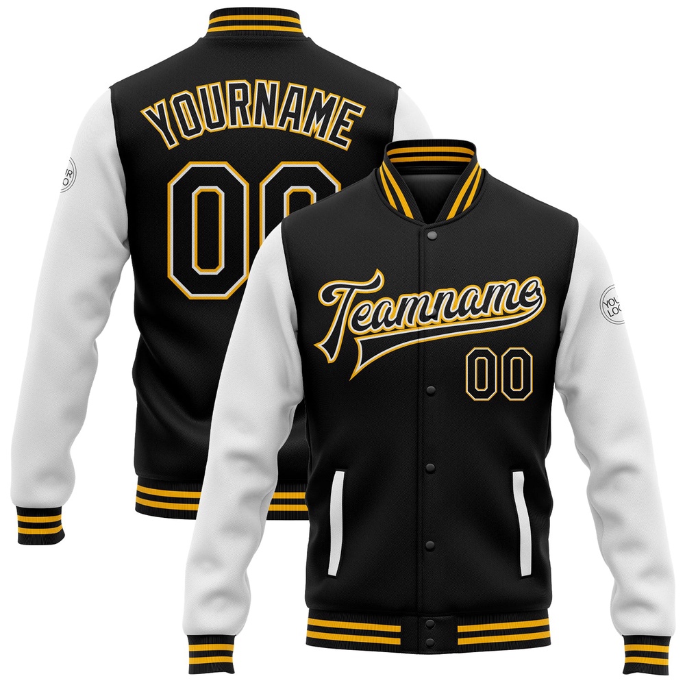 Custom Black White Gold Bomber Full Snap Varsity Baseball Jacket, Custom Team Jacket Custom Black White Gold Bomber Full Snap Varsity Baseball Jacket, Custom Team Jacket