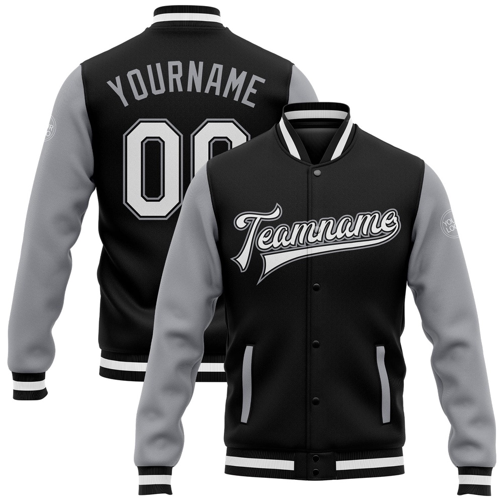 Custom Black White Gray Bomber Full Snap Varsity Baseball Jacket, Custom Team Jacket