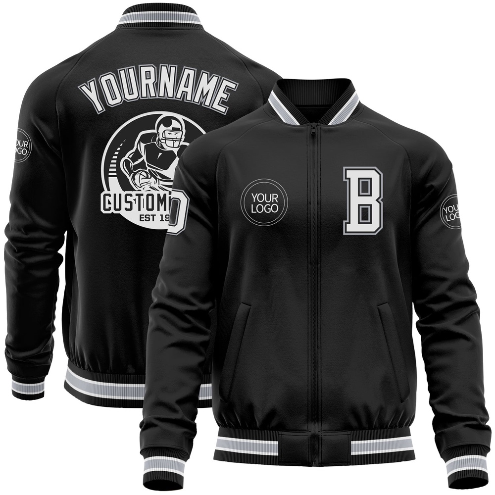 Custom Black White Gray Bomber Varsity Baseball Jacket, Custom Team Jacket