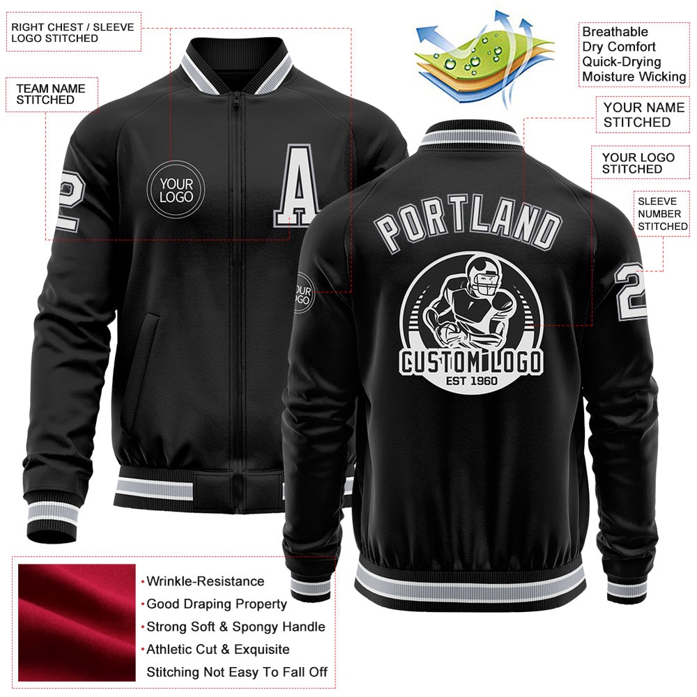 Custom Black White Gray Bomber Varsity Baseball Jacket, Custom Team Jacket