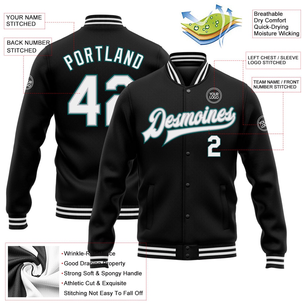 Custom Black White Gray Midnight Green Bomber Full Snap Baseball Jacket, Custom Team Jacket Custom Black White Gray Midnight Green Bomber Full Snap Baseball Jacket, Custom Team Jacket