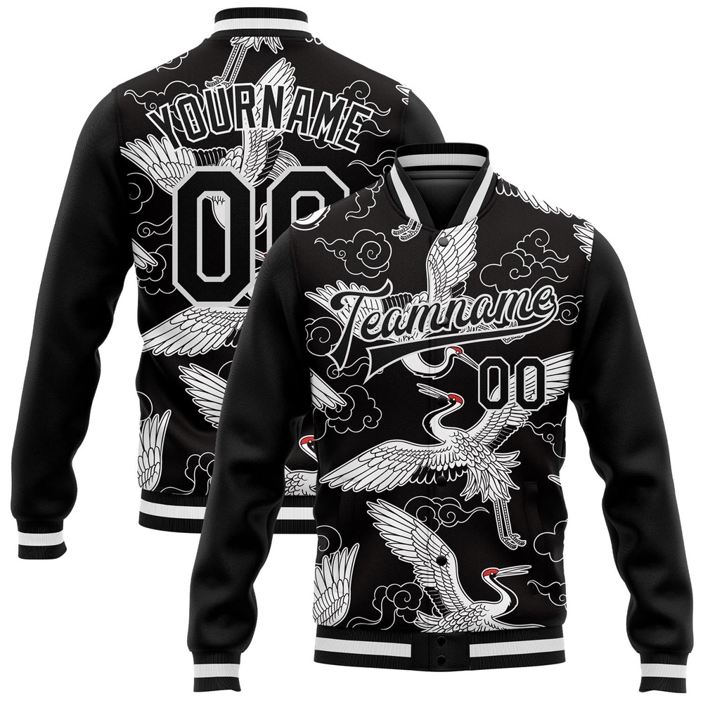 Custom Black White Heron And Cloud 3D Pattern Design Bomber Full Snap Baseball Jacket, Custom Team Jacket