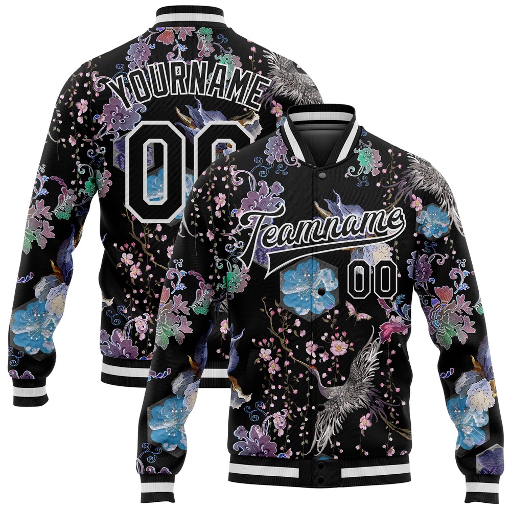 Custom Black White Heron And Flower 3D Pattern Design Bomber Full Snap Baseball Jacket, Custom Team Jacket Custom Black White Heron And Flower 3D Pattern Design Bomber Full Snap Baseball Jacket, Custom Team Jacket